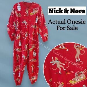 Nick & Nora Red Fleece Womens XL Pajamas One Piece Sock Monkeys Christmas Onsie